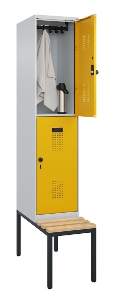 C+P Doppelstock-Spind Evolo PLUS, Bank, 2 Fächer, 2120x400x815mm, 7035/1004, Drehriegel, Sitzfläche Buche-Hartholz, Sitzbank, 0493507-12 S10000