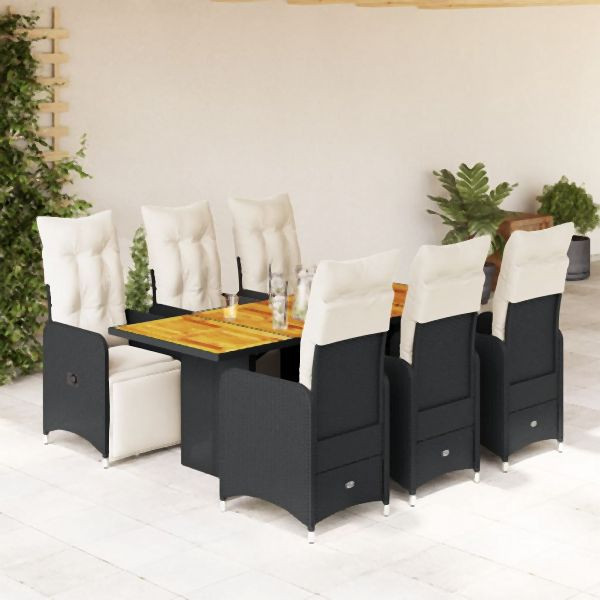 vidaXL 7-tlg. Garten-Bistro-Set mit Kissen Schwarz Poly Rattan, 3277133