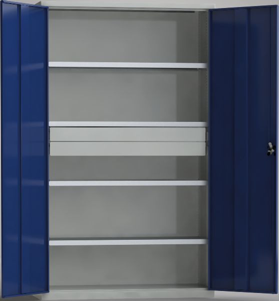 KLW Universalschrank 2000x1200x490mm, abschließbare Flügeltüren, 4 verzinkte verstellbare Fachböden, 2 Schubladen 125mm hoch, 7FN-QH2000TD-0001XRB