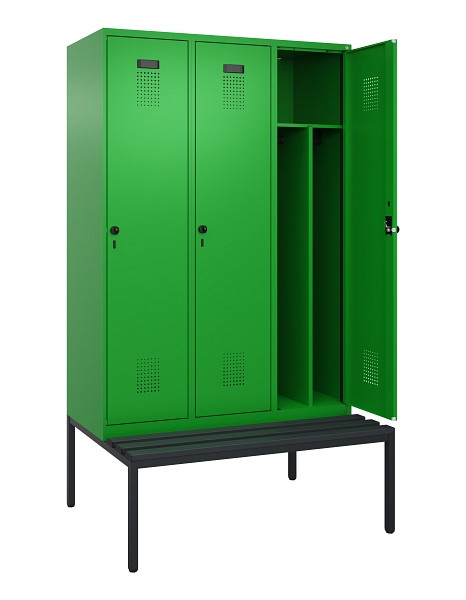 C+P Spind Evolo PLUS, 3 Abteile, 2120x1200x815mm, 6037/6037, Haken 4, Drehriegel, Sitzfläche Kunststoff, Sitzbank, Trennwand, 0490507-32F S10080