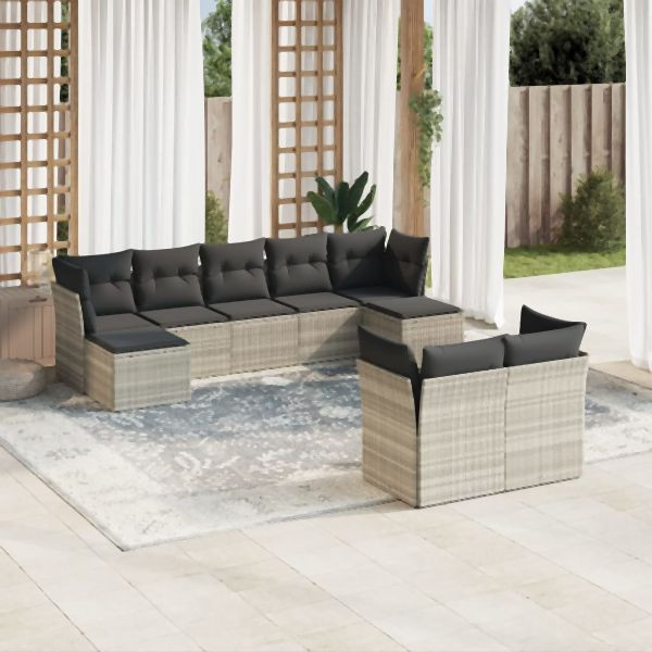 vidaXL 9-tlg. Garten-Sofagarnitur mit Kissen Hellgrau Poly Rattan, 3250151