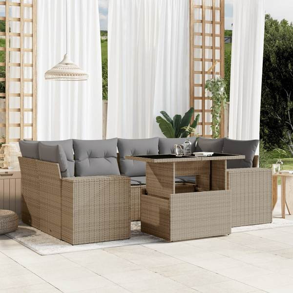 vidaXL 7-tlg. Garten-Sofagarnitur mit Kissen Beige Poly Rattan, UV-beständig, 3269019