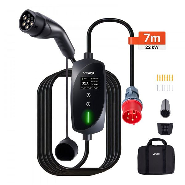 VEVOR Mobile Wallbox 22 kW, 32 A, Typ 2, 3-phasige Ladestation, 7 m Kabel, CEE32-Stecker, LCD, IP66, Elektrofahrzeuge, OGBXCDQPM22KJTVAL001V2