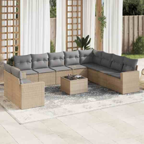 vidaXL 11-tlg. Garten-Sofagarnitur mit Kissen Beige Poly Rattan, UV-beständig, 3219169