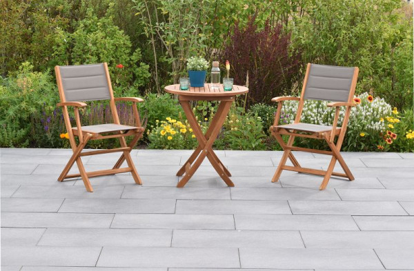 Merxx Acapulco Set 3-teilig, 2 Acapulco Klappsessel, gepolstert, 1 Klapptisch, Ø 65 cm, FSC Akazienholz mit Textilbespannung, 50769-309