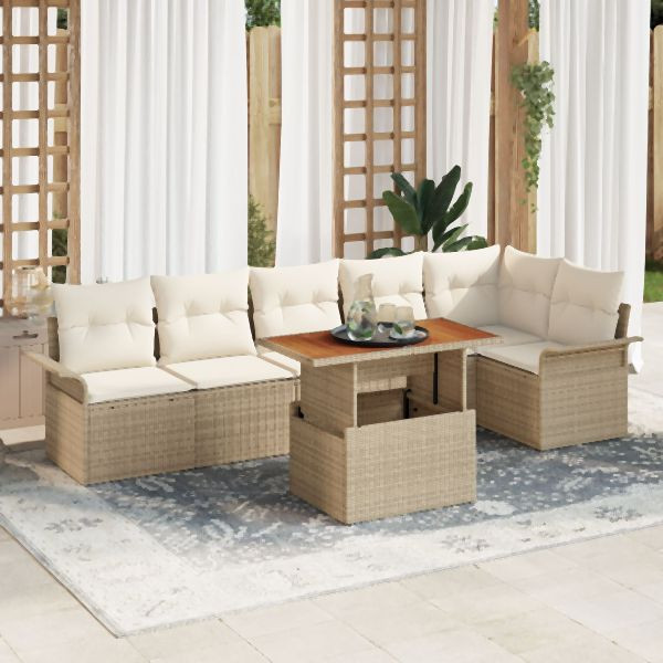 vidaXL 7-teiliges Garten Essgruppe mit Kissen Beige Poly Rattan Akazie, 3349343