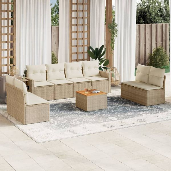 vidaXL 9-teilig Garten-Sofagarnitur mit Kissen Beige Poly Rattan, 3256856