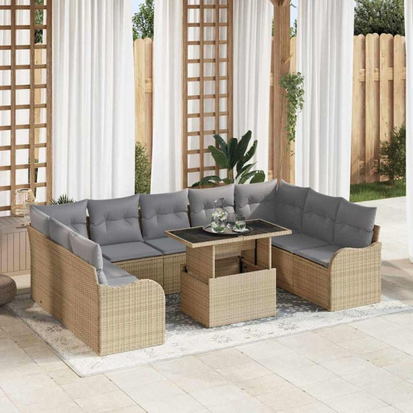 vidaXL Garten-Sofa-Set mit Kissen, 10er Set, Beige Poly Rattan, 3348526