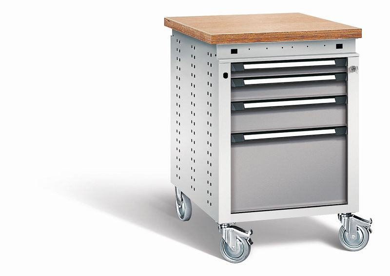 Otto Kind Werkbank Serie function Typ 153 fahrbar, Multiplexplatte, bündig, 4 Schubladen, Zentralverschluss, Gehäuse RAL 7035, Front RAL 7037, 072380167