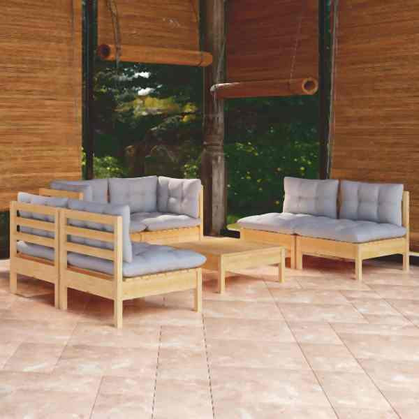 vidaXL 7-tlg. Garten-Lounge-Set mit Grauen Kissen Kiefer Massivholz, 3096213