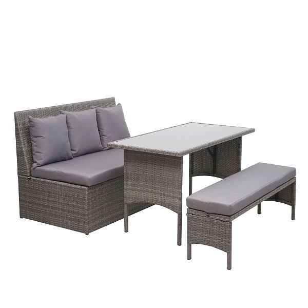 Mendler Poly-Rattan Garnitur HWC-G16, Garten-/Lounge-Set Sitzgruppe, Gastronomie 2er Sofa Tisch Bank, grau, Kissen dunkelgrau, 70861