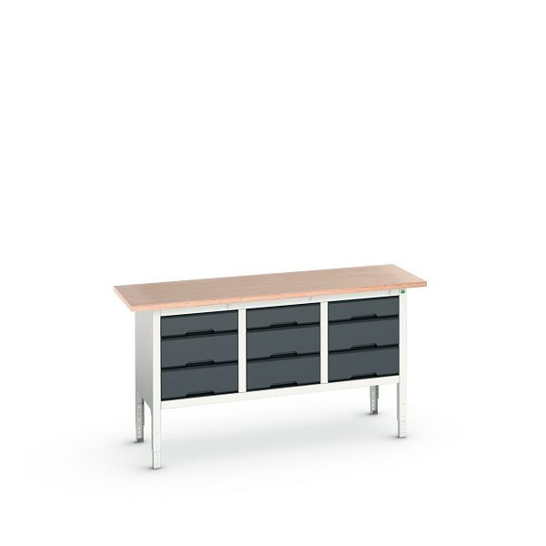 bott verso Kastenwerkbank (Multiplex-Platte) mit 6 Schubladen, BxTxH: 1750 x 600 x 830 - 930 mm, Lichtgrau / Anthrazitgrau, 16923023.19