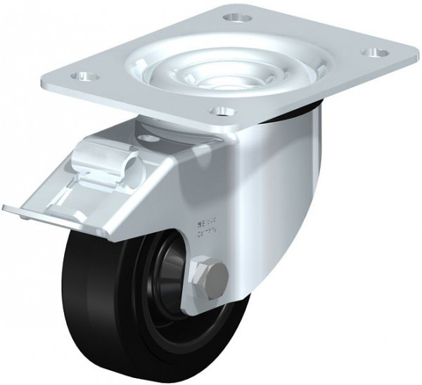 Blickle LK-POEV 100K-3-FI Stahlblech-Lenkrolle, schwere Ausführung, mit Anschraubplatte & Feststeller, Elastik-Vollgummi, Schwarz, 622266