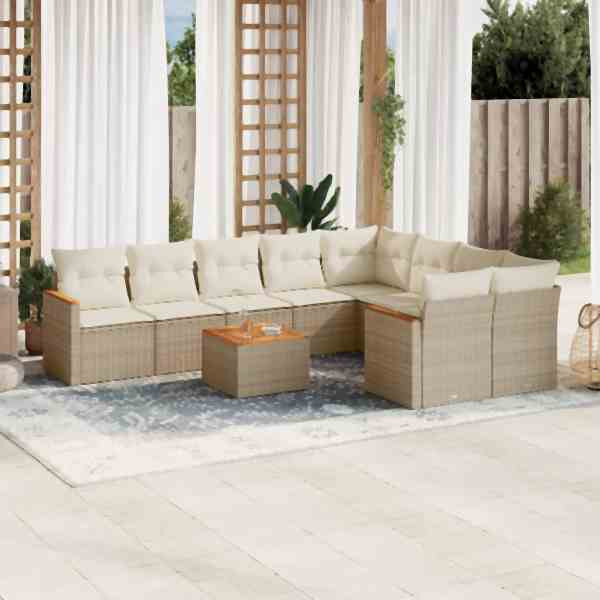 vidaXL 10-tlg. Garten-Sofagarnitur mit Kissen Beige Poly Rattan, UV-beständig, 3258712