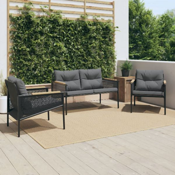 vidaXL 3-tlg. Balkonmöbel-Set mit Kissen Schwarz Stahl, 3283635