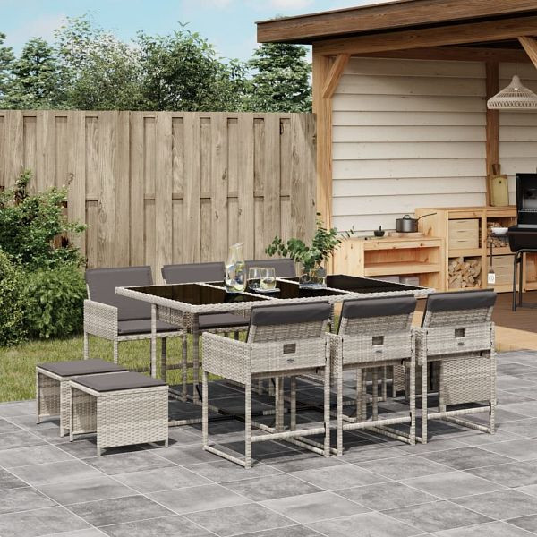vidaXL 11-teilig Garten-Essgruppe mit Kissen Hellgrau Poly Rattan, 3211331
