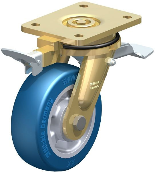 Blickle LS-ALBS 150K-ST-RI4 Stahlgeschweißte Schwerlast-Lenkrolle, schwere Drehkranz-Ausführung mit Feststeller, Blickle Besthane® Soft, Blau, 852460