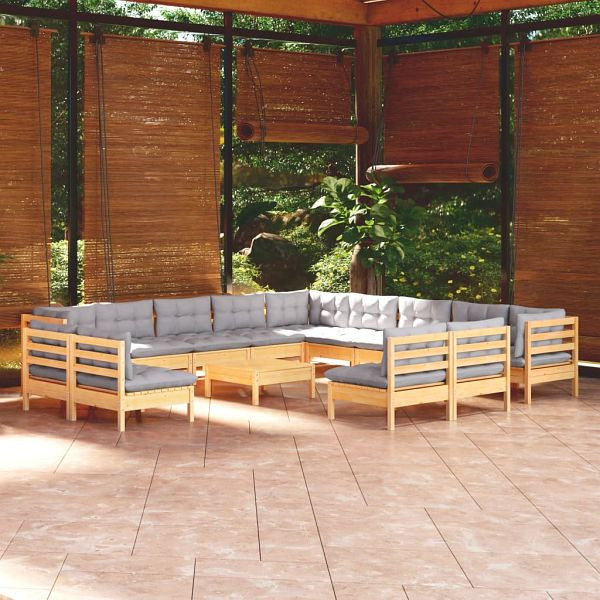 vidaXL 14-teilig Garten-Lounge-Set mit Grauen Kissen Massivholz Kiefer, 3096892