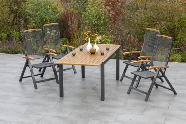Merxx Tilos Set 5-teilig, 4 Tilos Klappsessel, 1 Tilos Ausziehtisch, 150 (200) x 90 cm, Aluminium mit FSC Akazienholz, 50205-217