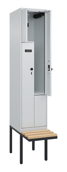 C+P Z-Spind Evolo PLUS, Bank, 2 Fächer, 2120x400x815mm, 7035/7035, Drehriegel, Sitzfläche Holz, 0490437-122 S10008