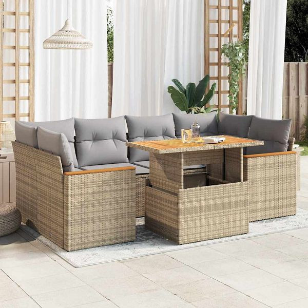 vidaXL 6-tlg. Garten-Sofagarnitur mit Kissen Beige Poly Rattan Akazie, 3327454