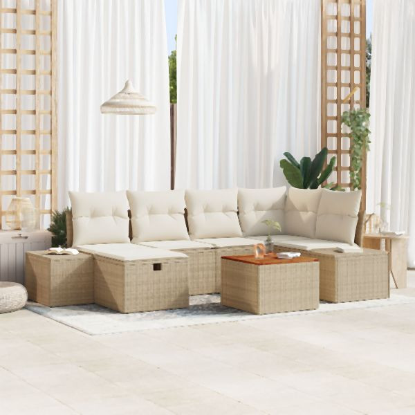 vidaXL Garten-Sofa-Set Set aus 7 Teilen Beige Rattan, Polyester, 3360928