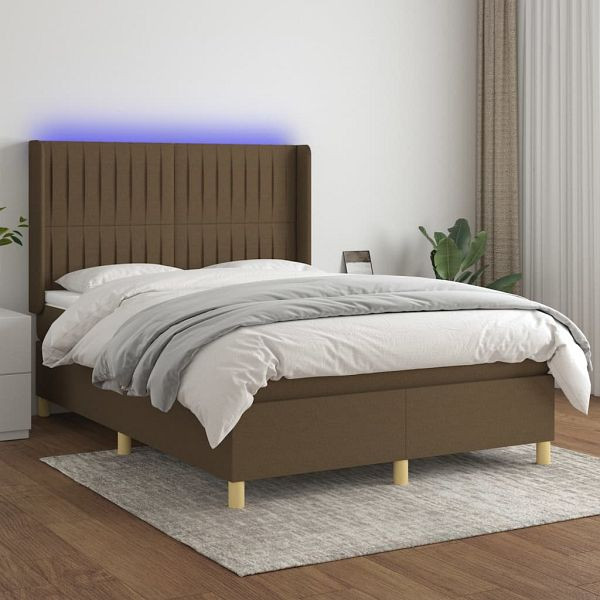 vidaXL Boxspringbett mit Matratze & LED Dunkelbraun 140x200 cm Stoff, 3139040