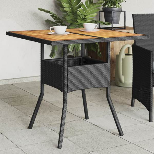 vidaXL Gartentisch mit Holzplatte Schwarz 80x80x75 cm Poly Rattan, UV-beständig, 365519