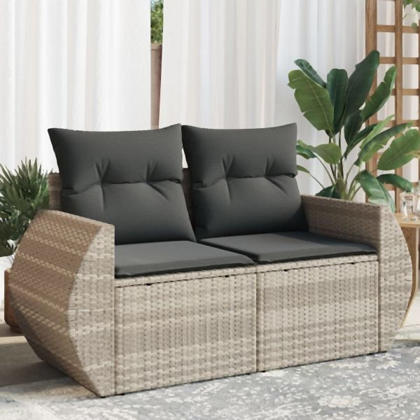 vidaXL Gartensofa mit Kissen 2-Sitzer Hellgrau Poly Rattan, 366186