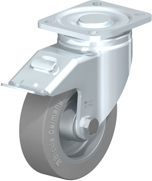Blickle LH-ALEV 125K-1-FI-SG Stahlblech-Lenkrolle, Schwerlast-Ausführung, mit Anschraubplatte & Feststeller, Elastik-Vollgummi, Grau, 620013