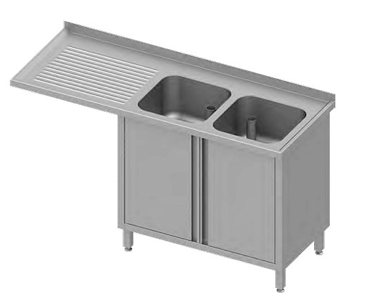 Stalgast Spülschrank mit Flügeltüren und Überstand 1800x600x900 mm, mit zwei Becken rechts, mit Aufkantung, verschweißt, VSK18625RA