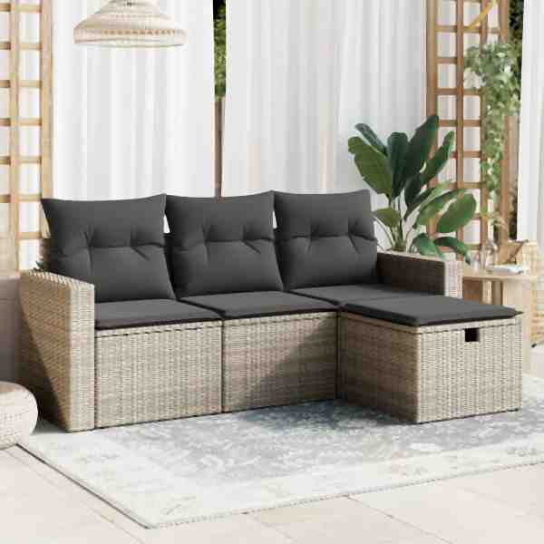 vidaXL 4-tlg. Garten-Sofagarnitur mit Kissen Grau Poly Rattan, UV-beständig, 3263446