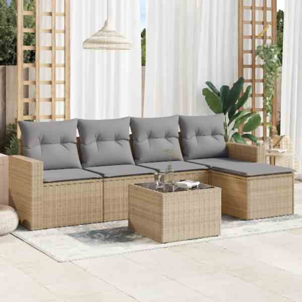 vidaXL 6-tlg. Garten-Sofagarnitur mit Kissen Beige Poly Rattan, UV-beständig, 3218889