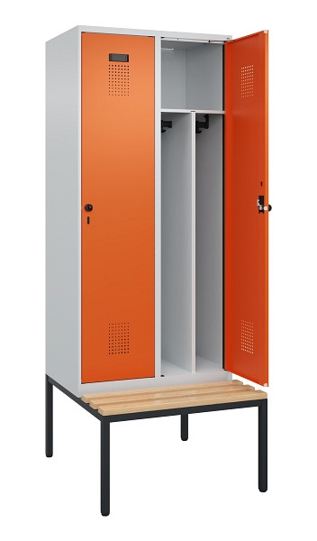 C+P Spind Evolo PLUS, 2 Abteile, 2120x800x815mm, 7035/2004, Haken 4, Drehriegel, Sitzfläche Buche-Hartholz, Sitzbank, Trennwand, 0490507-22F S10002