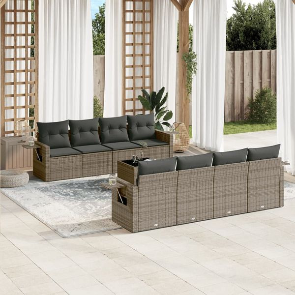 vidaXL 9-teilig Garten-Sofagarnitur mit Kissen Grau Poly Rattan, 3219949