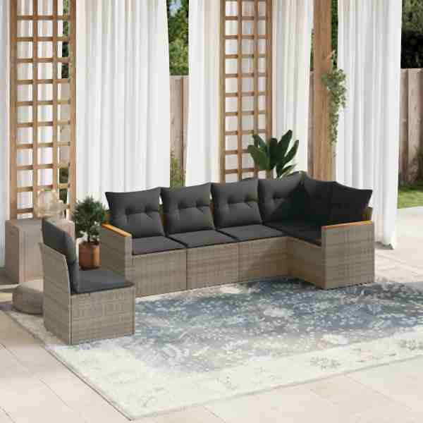 vidaXL 6-tlg. Garten-Sofagarnitur mit Kissen Grau Poly Rattan, UV-beständig, 3226018