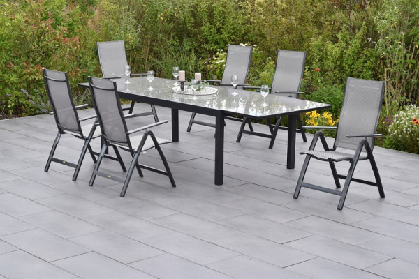 Merxx Carrara Set 7-teilig, 6 Klappsessel, Rückenlehne verstellbar, 1 Semi Ausziehtisch 200 (300) x 100 cm, graphit/diamant, 50865-330