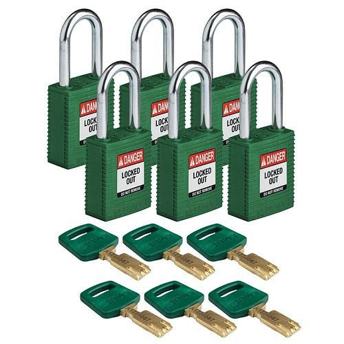Brady Vorhängeschlösser SafeKey aus Nylon, funkenfreies Gehäuse, VE: 6 Stück, grün, 309082
