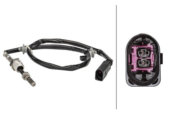 HELLA Sensor, Abgastemperatur, 2-polig, geschraubt, Kabel: 495mm, mit Befestigungsclips am Kabel, 6PT 358 181-171