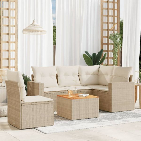 vidaXL 6-tlg. Garten-Sofagarnitur mit Kissen Beige Poly Rattan, 3256457