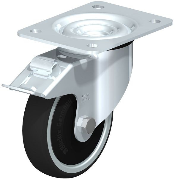 Blickle LK-PATH 125K-3-FI-ELS-FK Stahlblech-Lenkrolle, schwere Ausführung, mit Anschraubplatte & Feststeller, Thermoplastisches Polyurethan, Grau, 852254