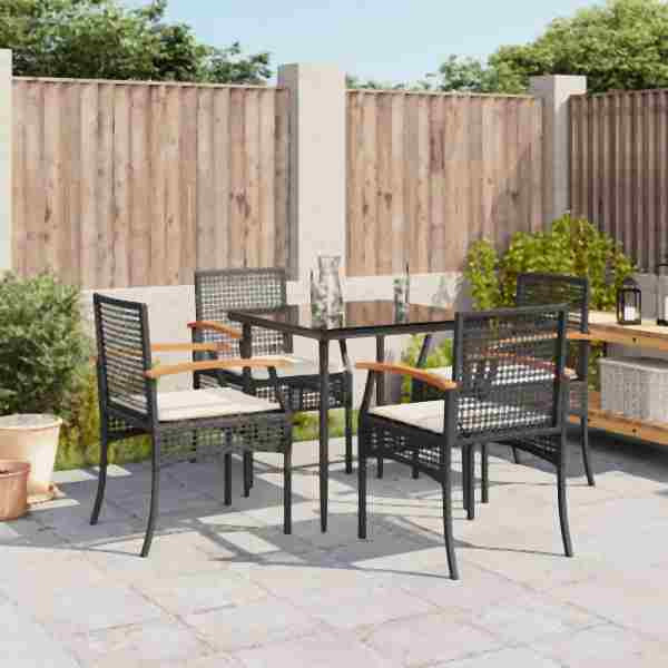 vidaXL 5-tlg. Garten-Essgruppe mit Kissen Schwarz Poly Rattan, UV-beständig, 3213597