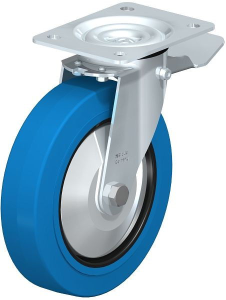 Blickle LE-POEV 200XR-ST-SB-FA Stahlblech-Lenkrolle mit Anschraubplatte & Feststeller, Elastik-Vollgummi, Blau, 850273