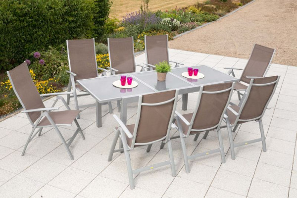 Merxx Carrara Set 9-teilig, 8 Klappsessel, 1 Ausziehtisch 160 (220) x 90 cm, graue Glasplatte, silber/taupe, 50316-325