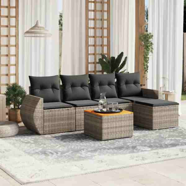 vidaXL 6-tlg. Garten-Sofagarnitur mit Kissen Grau Poly Rattan, UV-beständig, 3257313