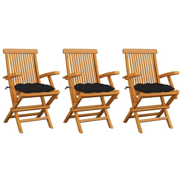 vidaXL Gartenstühle mit Schwarzen Kissen 3 Stück Massivholz Teak, 3062536