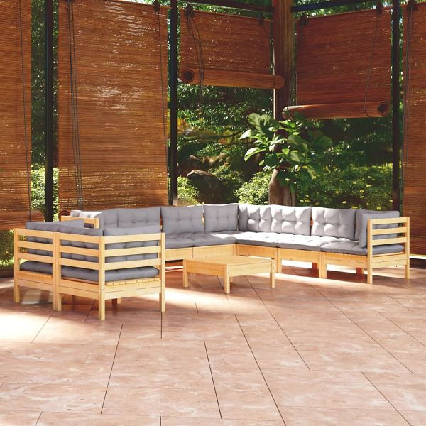 vidaXL 10-teilig Garten-Lounge-Set mit Grauen Kissen Massivholz Kiefer, 3096904