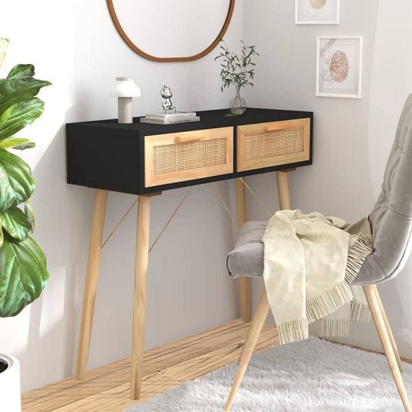 vidaXL Konsolentisch Schwarz 80x30x75cm Massivholz Kiefer Natur-Rattan, 345625