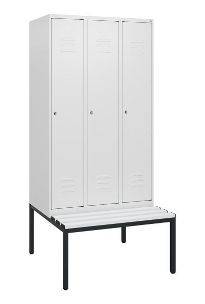 C+P Umkleidespind Classic PLUS, mit untergebauter Sitzbank, 3 Abteile, 1950x900x815mm, 9016/9016, Zylinderschlösser, 0800505-30 S10059