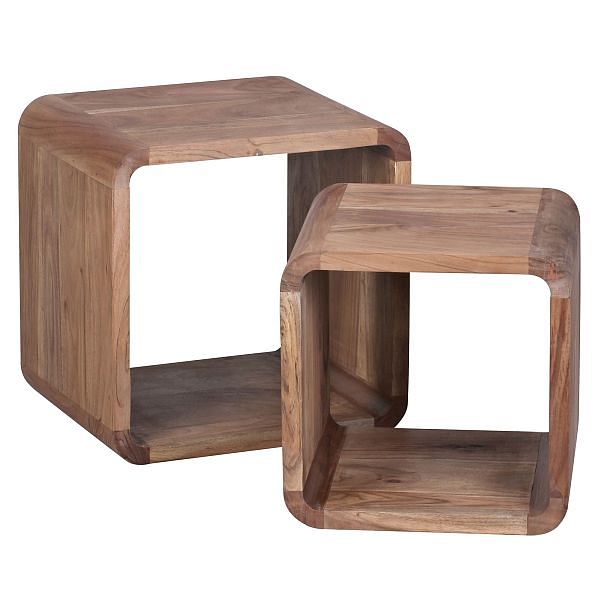 WOHNLING 2er Set bijzettafeltjes massief hout Acacia Living table landelijke stijl tafel Cubes Cube Shelf Natuur